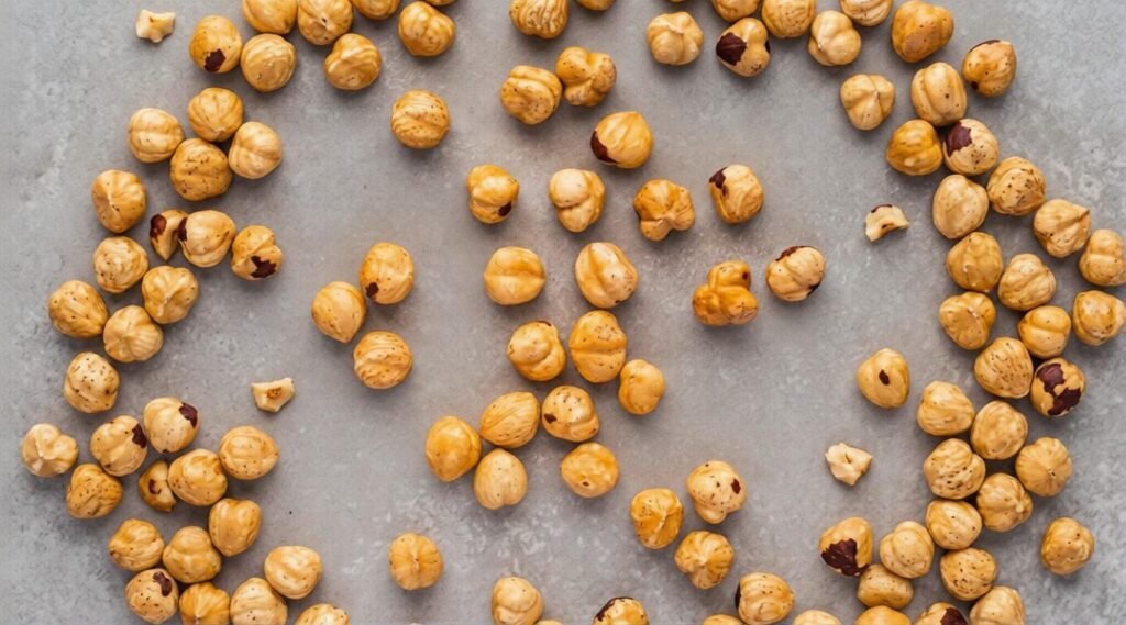 Roasted hazelnuts scattered across a baking tray, lightly golden and ready to use.