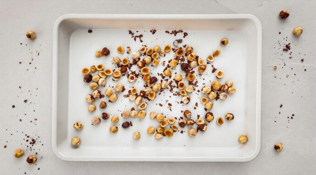 Bowl of roasted hazelnuts with examples of baking, salads, desserts, and savory uses.