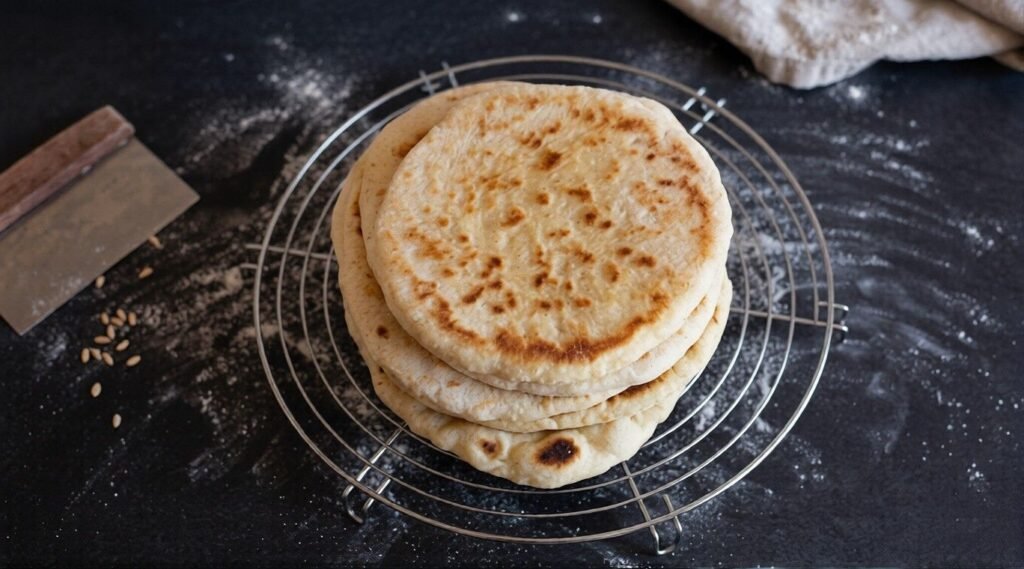 Stack of freshly cooked bazlama flatbreads cooling on a wire rack with tools nearby