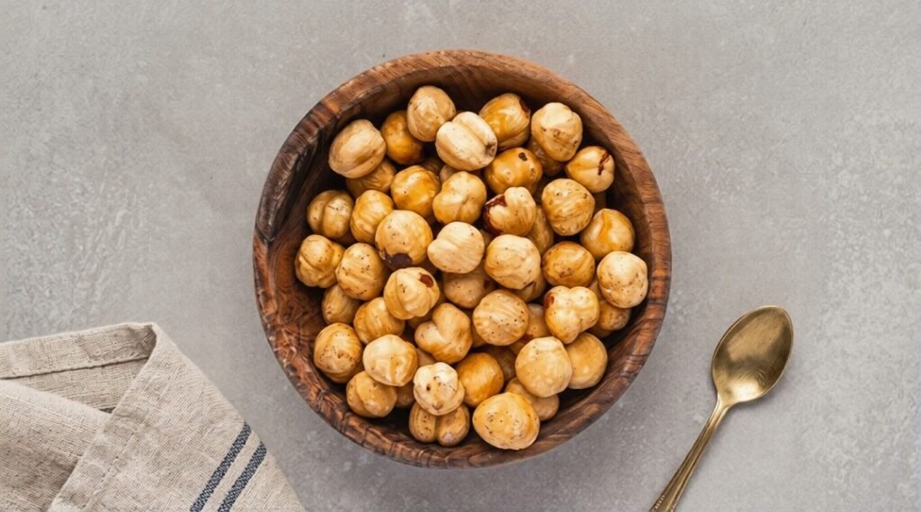 Wooden bowl filled with roasted hazelnuts on a gray surface beside a spoon and folded cloth.