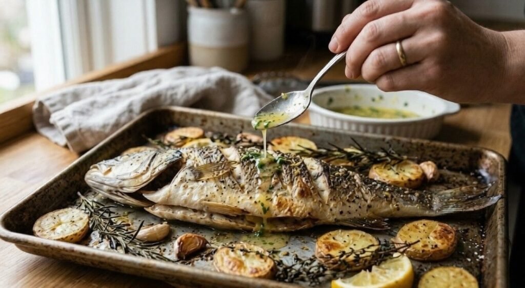 Whole roasted Mediterranean branzino fish with lemon, herbs, and garlic being basted with sauce.