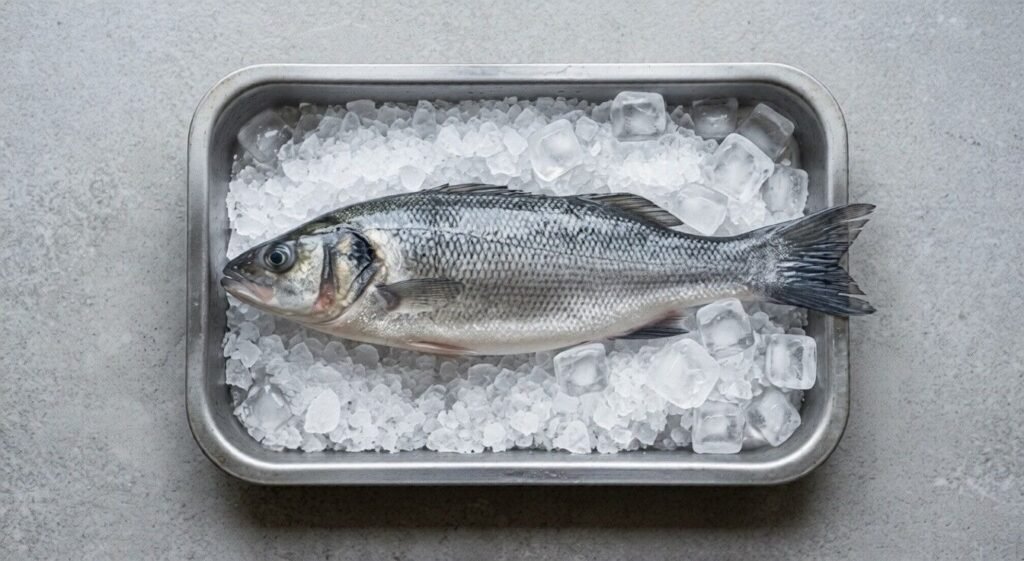 Raw whole branzino fish placed on crushed ice in a metal tray.
