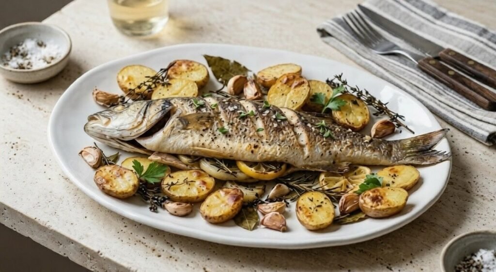 Whole roasted branzino served with crispy potatoes, garlic, lemon, and herbs.