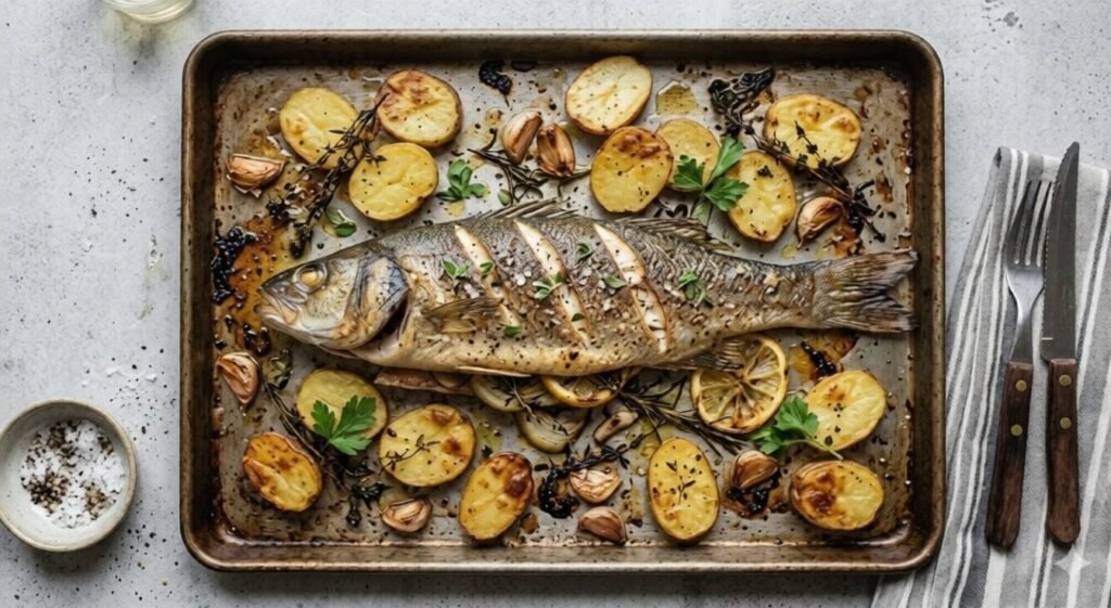 Whole roasted branzino with sliced potatoes, garlic, herbs, and lemon on tray.