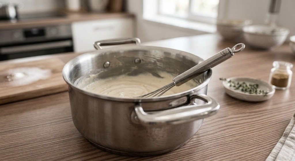 A pot of creamy béchamel sauce being whisked on a kitchen counter with ingredients nearby.