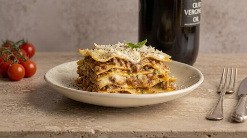 A plated slice of lasagna al forno with visible layers of pasta, meat sauce, and melted cheese, garnished with herbs on a dining table.