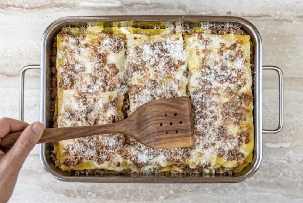 Baked lasagna in a glass dish layered with meat sauce, pasta sheets, and melted cheese being served with a wooden spatula.