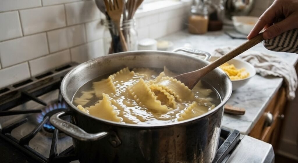 Lasagna noodles boiling in a large pot of water on a stovetop, being stirred with a wooden spoon.