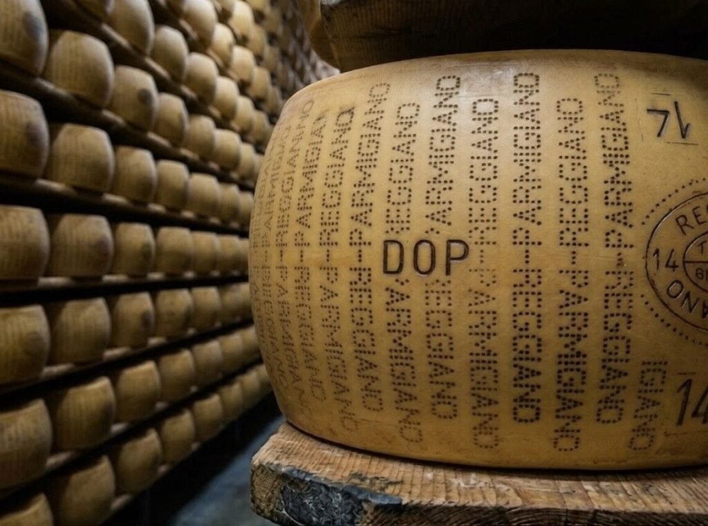 Large wheel of Parmigiano Reggiano cheese with DOP marking in a traditional aging storage room surrounded by stacked cheese wheels.