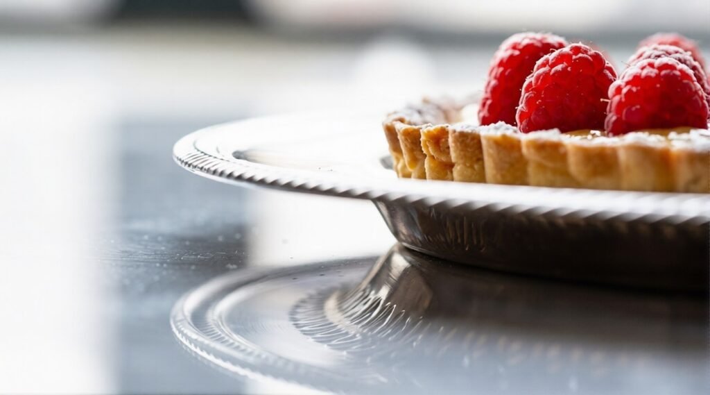 Close-up of a raspberry tart slice with pastry cream on a silver stand.