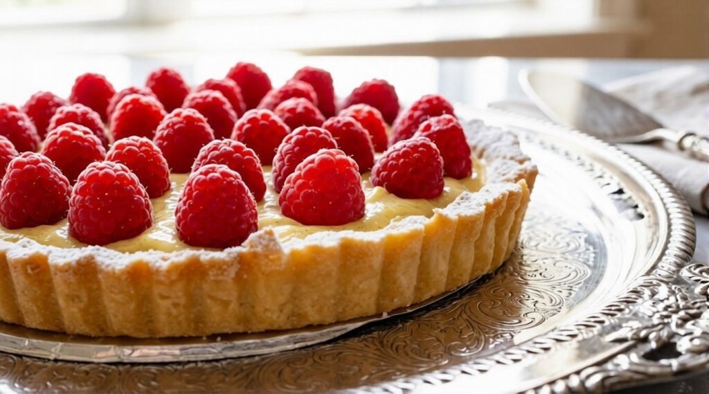 French raspberry tart with pastry cream filling topped with fresh raspberries on a decorative tray.