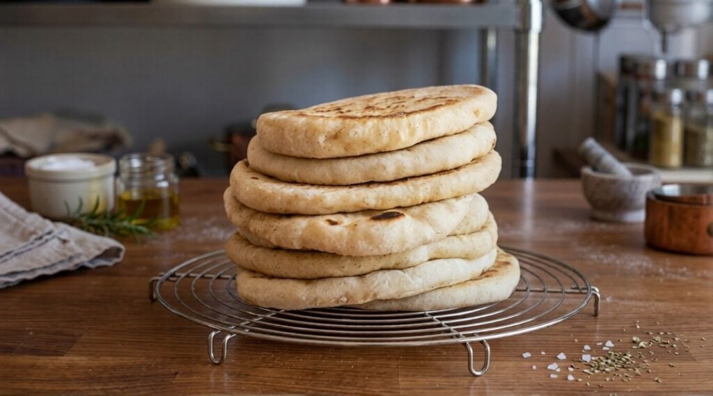 Stack of soft bazlama Turkish flatbreads on a cooling rack in a kitchen
