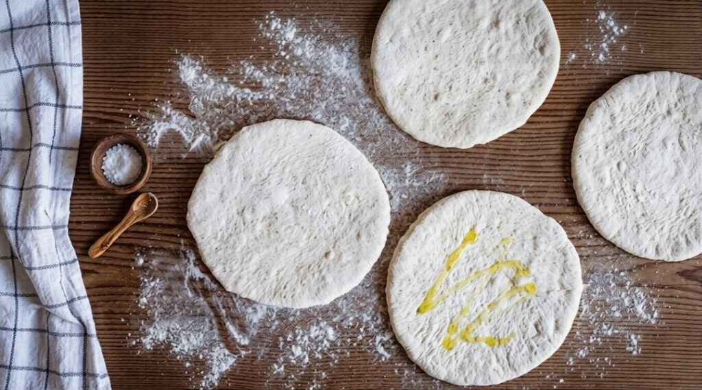 Hands shaping soft bazlama Turkish flatbread dough on a floured surface