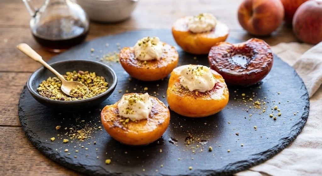 Two black crates filled with ripe peaches rest on a wooden table, with more fruit and baskets softly blurred in the background.