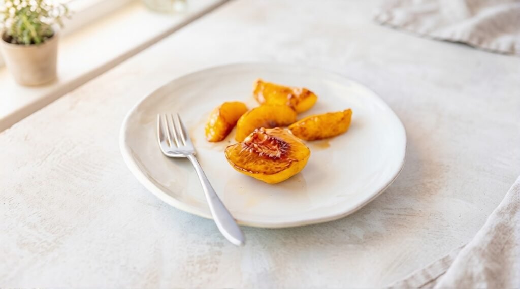 A white plate holds caramelized peach pieces beside a fork on a light table, styled simply for serving.