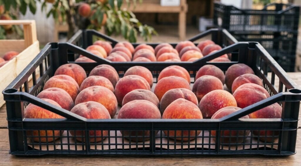 Two black crates filled with ripe peaches sit on a wooden table, with more peaches and baskets blurred in the background.