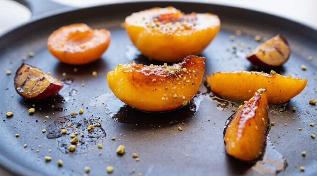 Caramelized peach slices and plum pieces sit in a dark skillet, sprinkled with chopped nuts and glossy cooking juices.