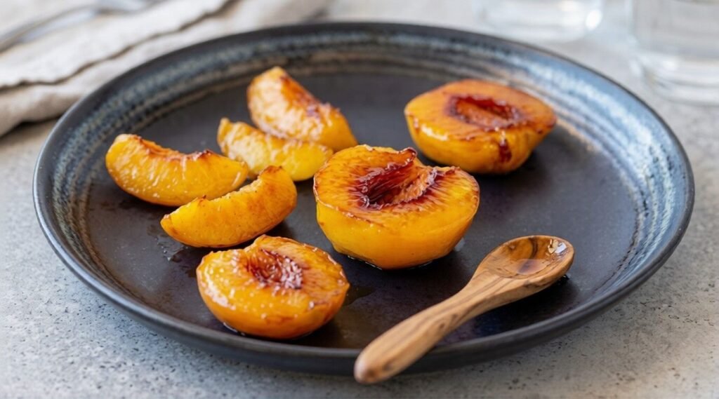 Caramelized peach halves and slices are arranged on a dark plate with a small wooden spoon, ready to serve.