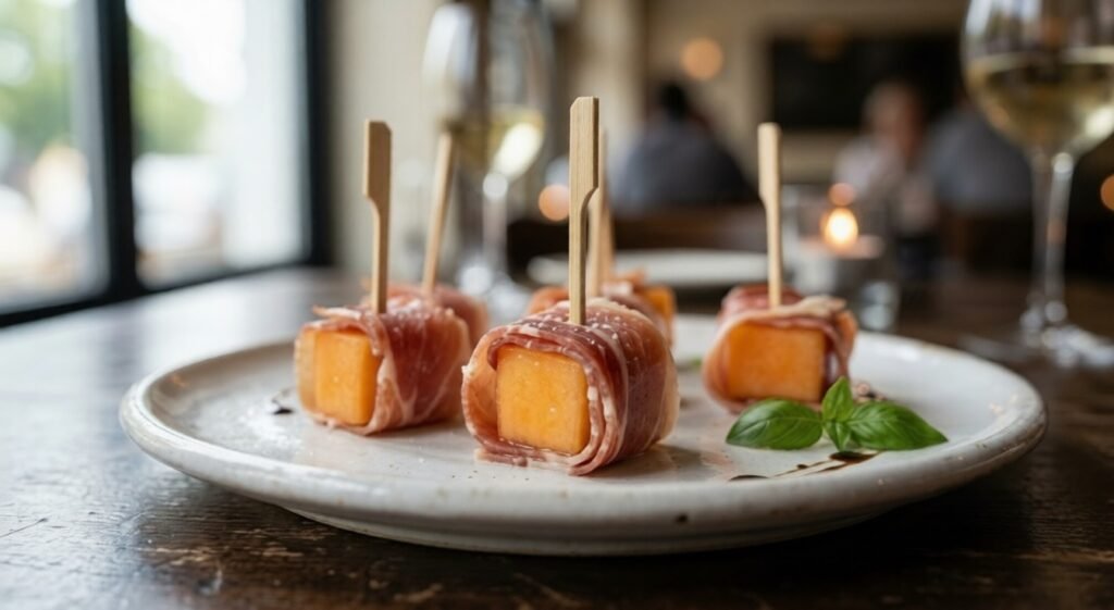 Prosciutto melon skewers made with cantaloupe cubes wrapped in thin slices of prosciutto served as a classic Italian appetizer