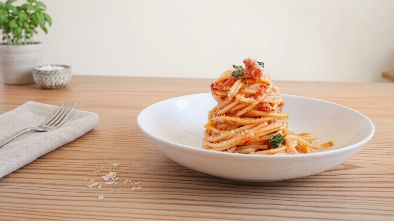 Bowl of spaghetti pomodoro twirled into a neat mound, topped with tomato sauce, basil, and grated cheese on a wooden table.