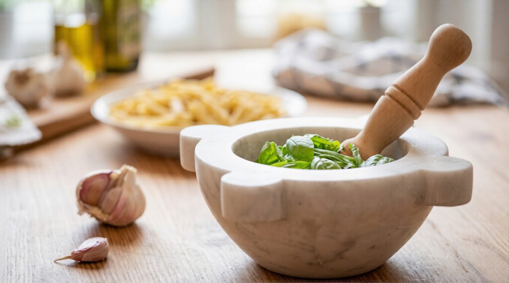 Marble mortar and wooden pestle filled with fresh basil, with garlic and pasta blurred in the background.