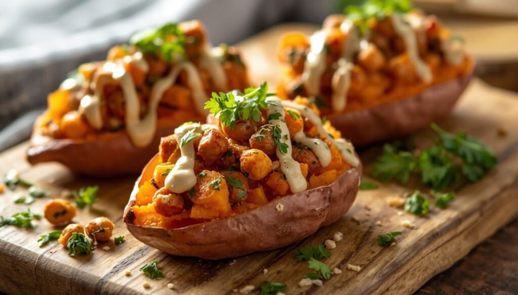 stuffed sweet potatoes with chickpeas topped with creamy avocado sauce and herbs
Roasted sweet potatoes filled with chickpeas, vegetables, and yogurt drizzle