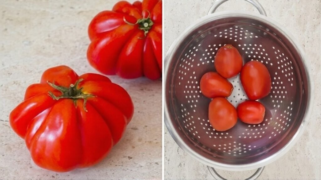 Split image showing large heirloom tomatoes on a counter and oval Roma-style tomatoes in a colander, highlighting tomato varieties for sauce.