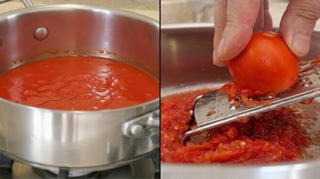 Split image showing fresh tomato sauce simmering in a pot and a tomato being grated into a pan with a coarse grater.