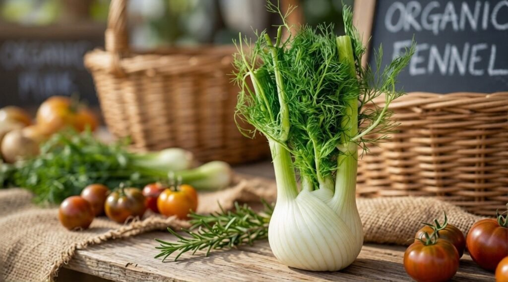 Raw fennel bulb with fresh green fronds standing on a rustic market table.