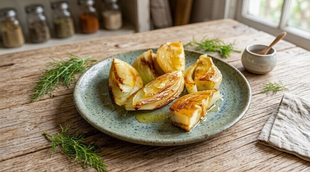 Caramelized fennel wedges on a ceramic plate with herbs on a rustic table.
