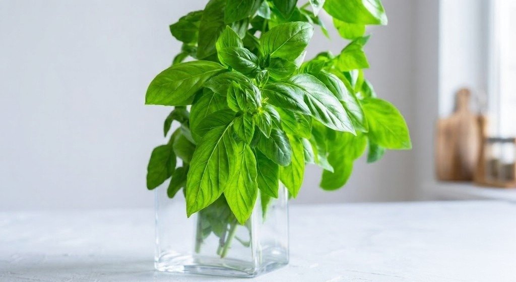 Fresh green basil stems in a clear glass jar on a light kitchen surface.