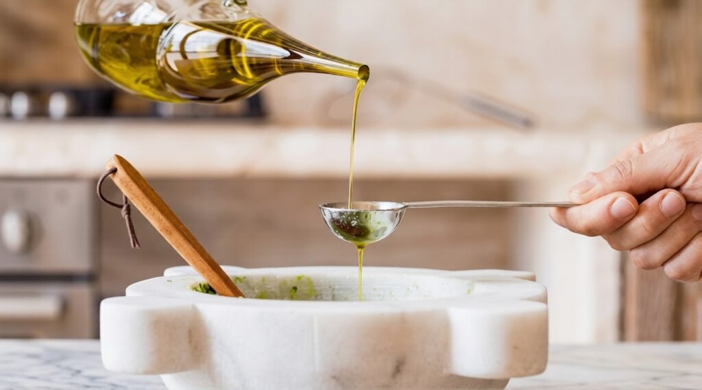 Extra virgin olive oil pours into a spoon above a marble mortar of fresh pesto.
