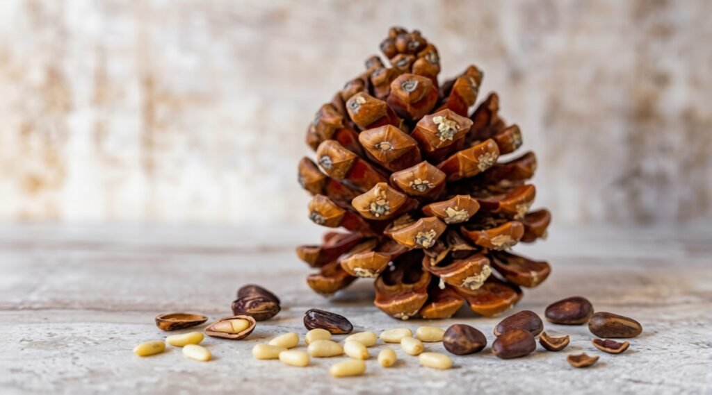 Pine cone with scattered pine nuts and shells on a light stone surface.
