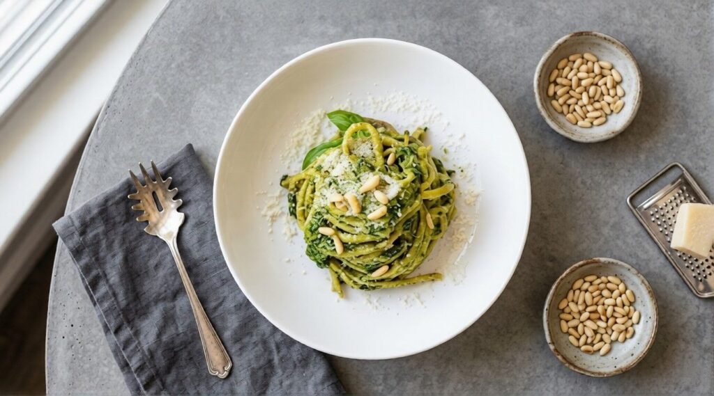 Bowl of trenette al pesto topped with grated Parmigiano, pine nuts, and basil on a gray table.