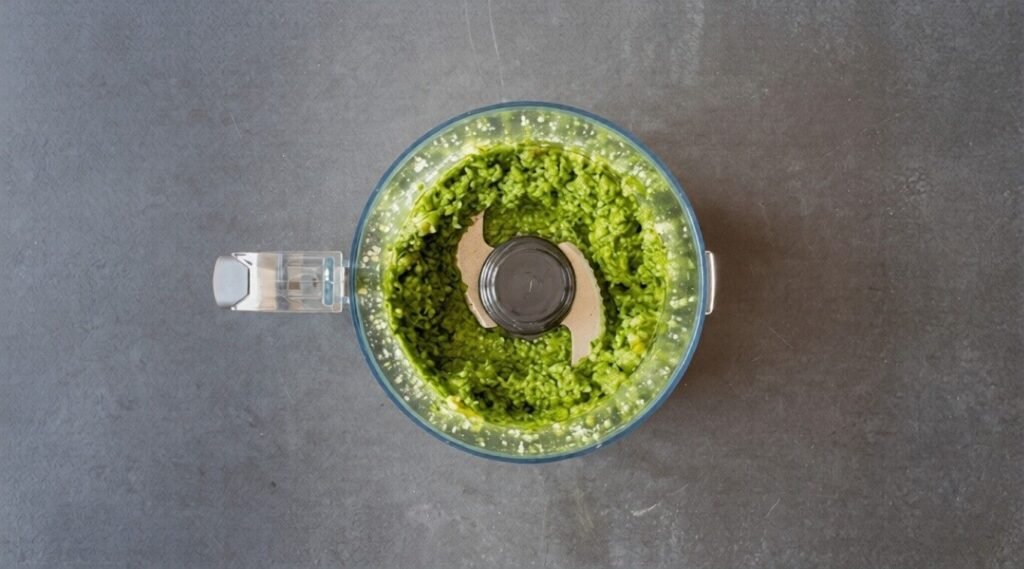 Overhead view of fresh green pesto in a food processor on a dark countertop.