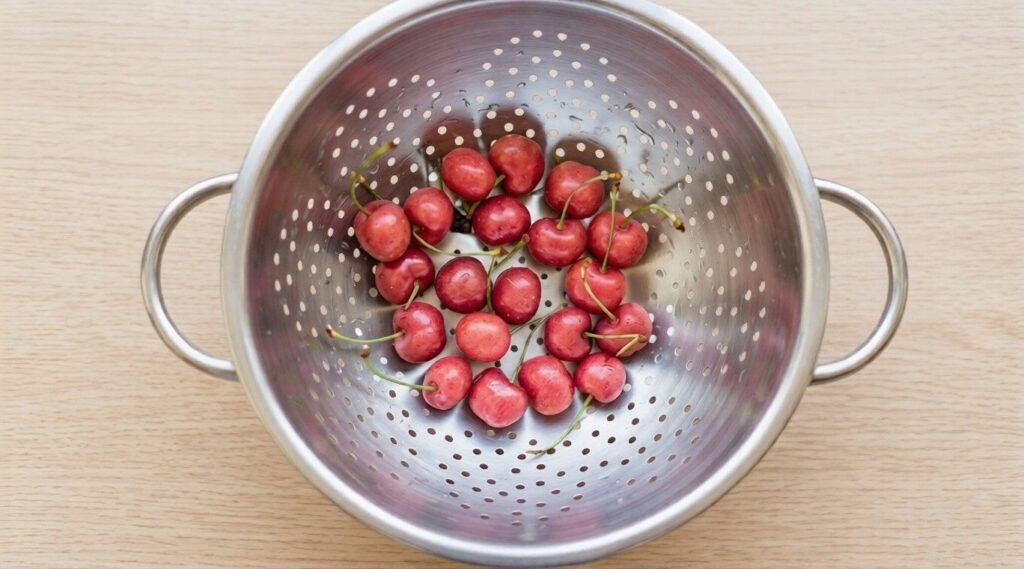 Overhead view of pink-red cherries with green stems resting in a metal colander on a light wooden surface.