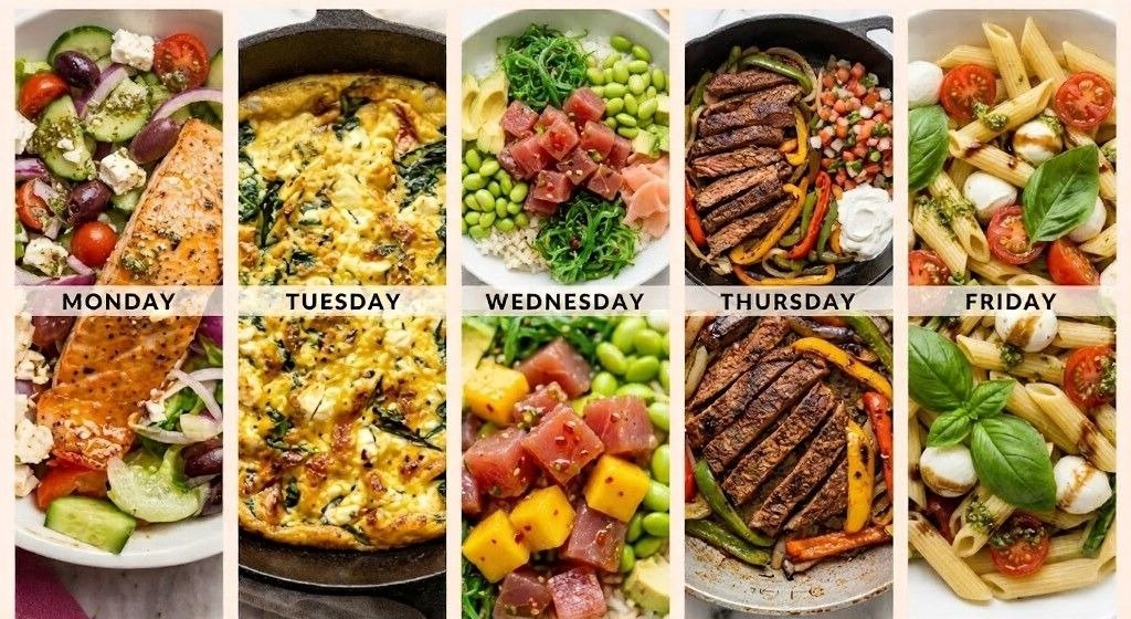 Weekly Mediterranean meal plan collage labeled Monday through Friday, showing plated dishes including salmon salad, baked egg casserole, poke-style tuna bowl, sliced steak with peppers, and pasta with tomatoes and mozzarella.