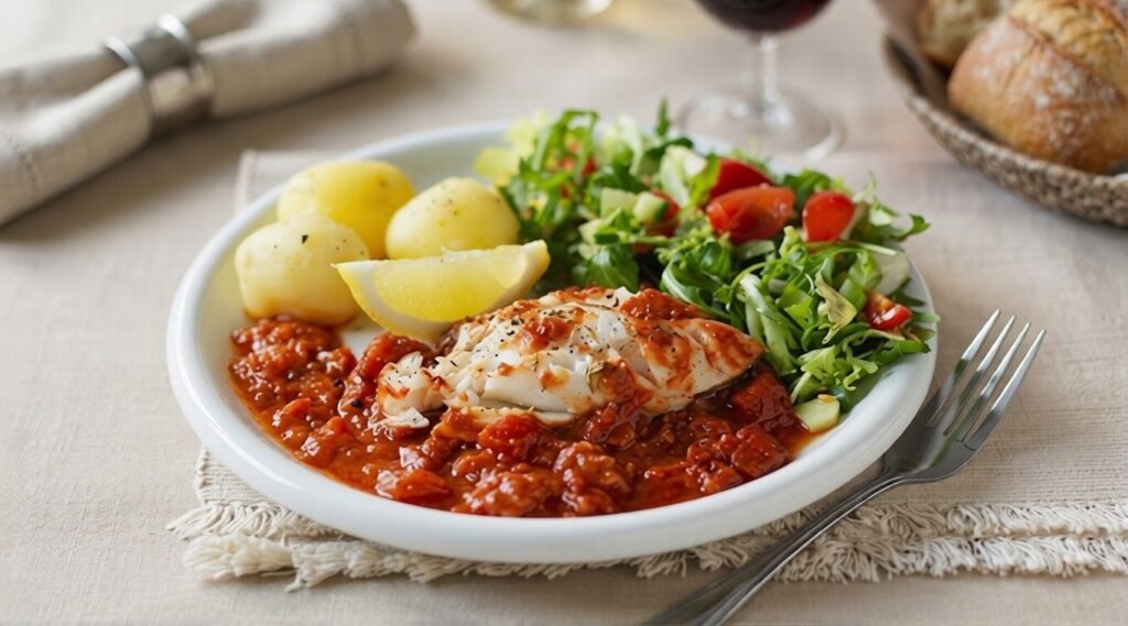 Plate of baked seabass in tomato sauce with boiled new potatoes, mixed green salad, lemon wedge, and bread in the background.