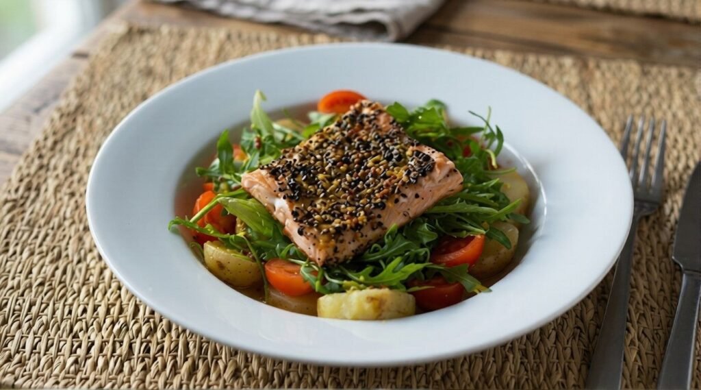 White bowl with grilled salmon on a bed of arugula, cherry tomatoes, and roasted potatoes, served as part of a Mediterranean-style Friday lunch.