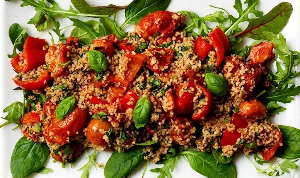 Roasted Mediterranean-style tomato and grain salad served over fresh leafy greens, garnished with basil leaves on a white platter.