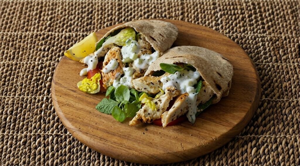 Two Greek-style turkey pittas filled with sliced turkey, lettuce, tomato, and creamy white sauce, served on a round wooden board with a lemon wedge.
