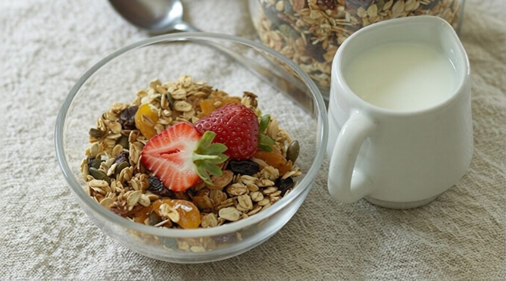 Glass bowl of bircher muesli topped with strawberries, oats, seeds, and dried fruit, served beside a white mug of milk on a light textured tablecloth.