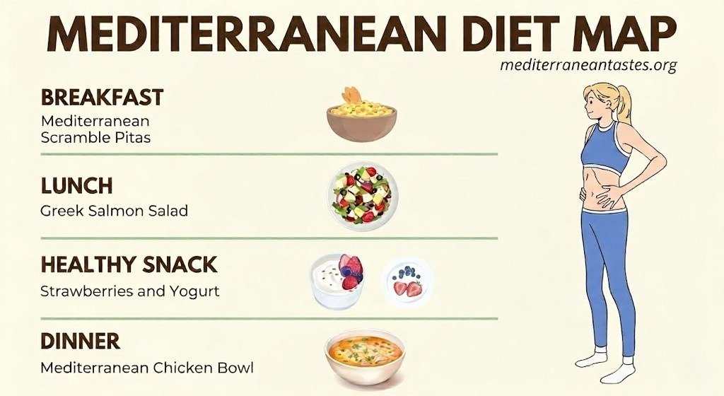 Infographic titled “Mediterranean Diet Map” showing a sample daily meal plan with breakfast, lunch, healthy snack, and dinner, illustrated with food bowls, salad, yogurt with berries, and a cartoon woman on the right.