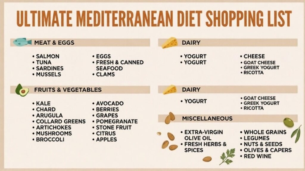 Infographic titled “Ultimate Mediterranean Diet Shopping List” with sections for meat and eggs, dairy, fruits and vegetables, and miscellaneous staples like olive oil, whole grains, legumes, nuts, seeds, olives, capers, and red wine.