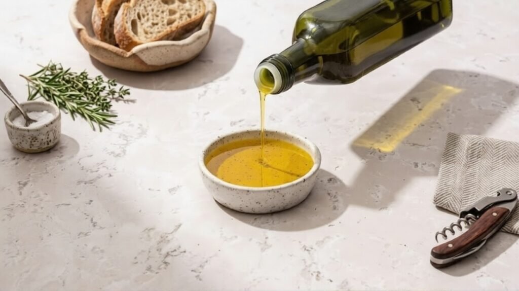 Dark green bottle pouring extra-virgin olive oil into a small ceramic bowl beside bread, herbs, salt, and a folded kitchen cloth on a light countertop.