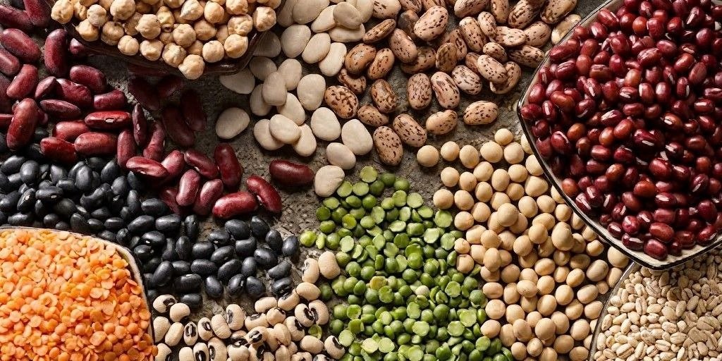 Assorted dried legumes spread across a surface, including chickpeas, lentils, black beans, kidney beans, cannellini beans, split peas, soybeans, and black-eyed peas in bowls and piles.