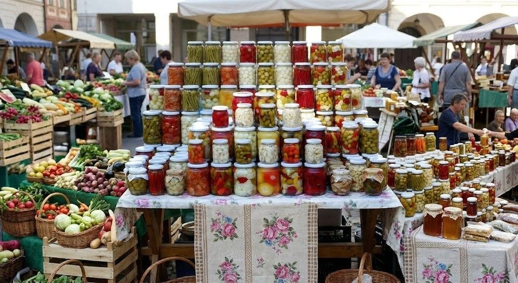 Market stall display of jars filled with pickled and fermented vegetables, olives, and preserves, surrounded by fresh produce in an outdoor setting.