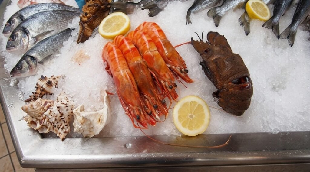 Fresh seafood arranged on crushed ice, including whole fish, large shrimp, shellfish, lemon halves, and sea snails on a metal display tray.