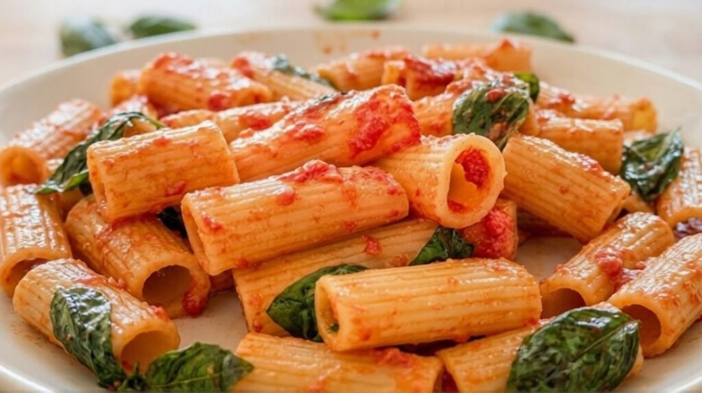 Plate of rigatoni pomodoro with basil leaves, lightly coated in fresh tomato sauce.