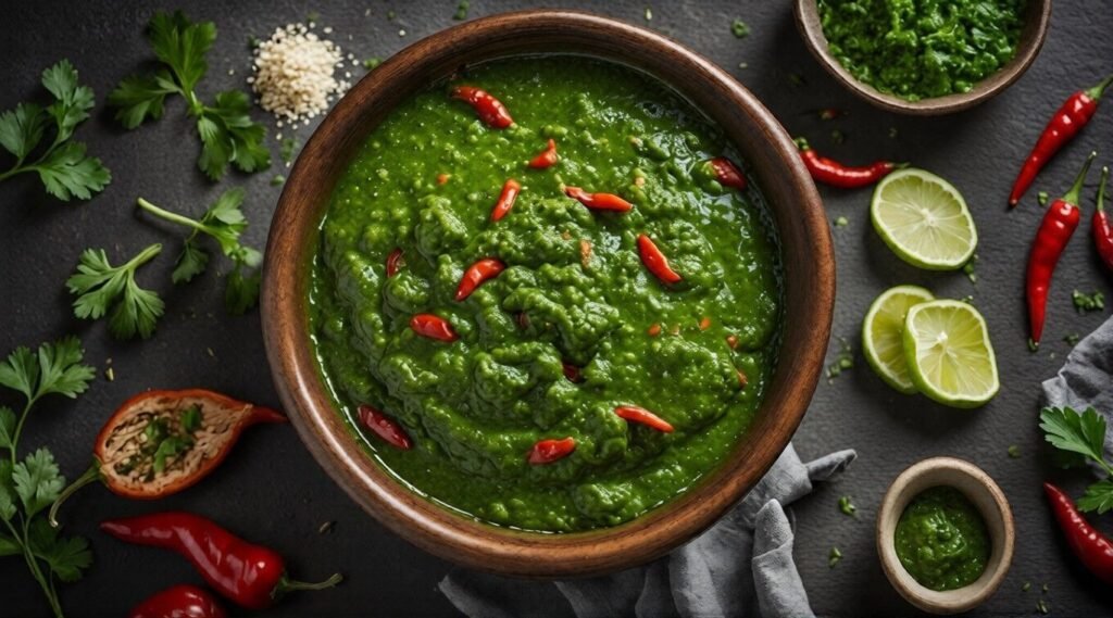 Bowl of vivid green herb sauce or puree surrounded by parsley, red chilies, lime halves, and seasonings on a dark surface.